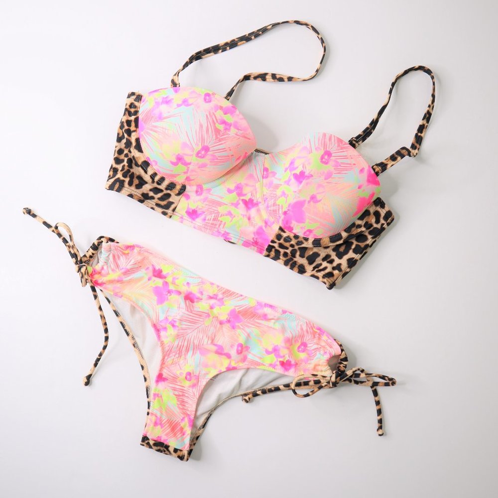 Victoria's Secret Swim 2 pc set size M Wide Side Underwire Bikini Pink Leopard.
